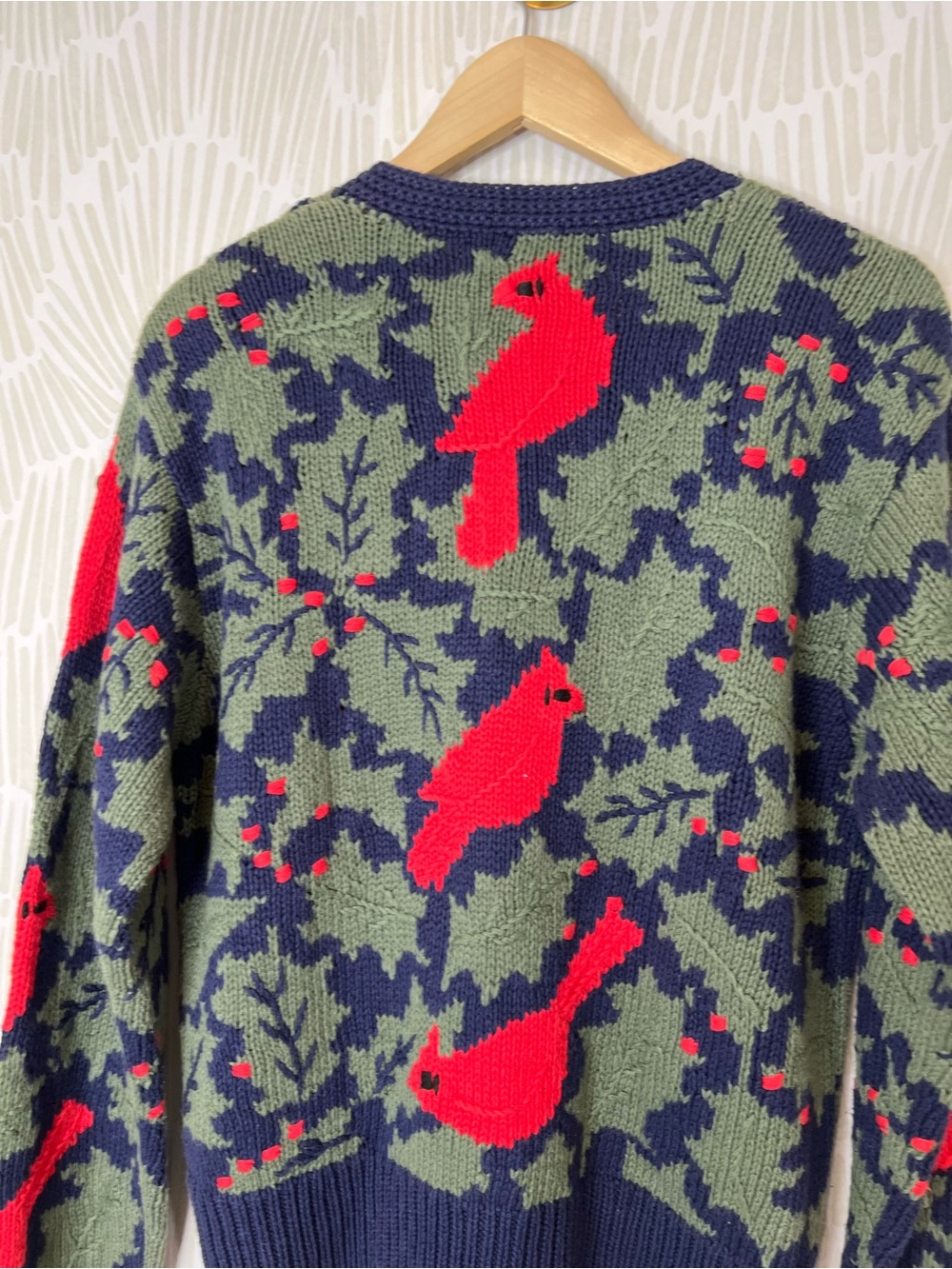 Orvis Cardinal Bird Knit Cardigan Sweater Navy Holly Button Front cotton blend - Picture 13 of 14